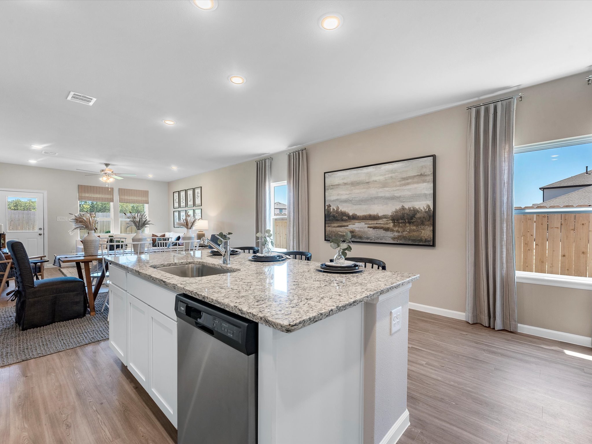 A kitchen with a large island.