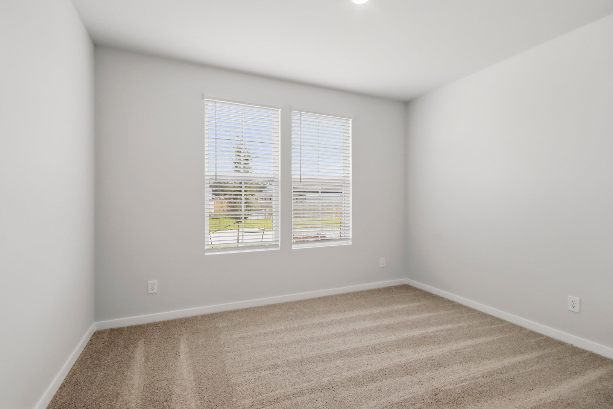 A room with a window and a rug.