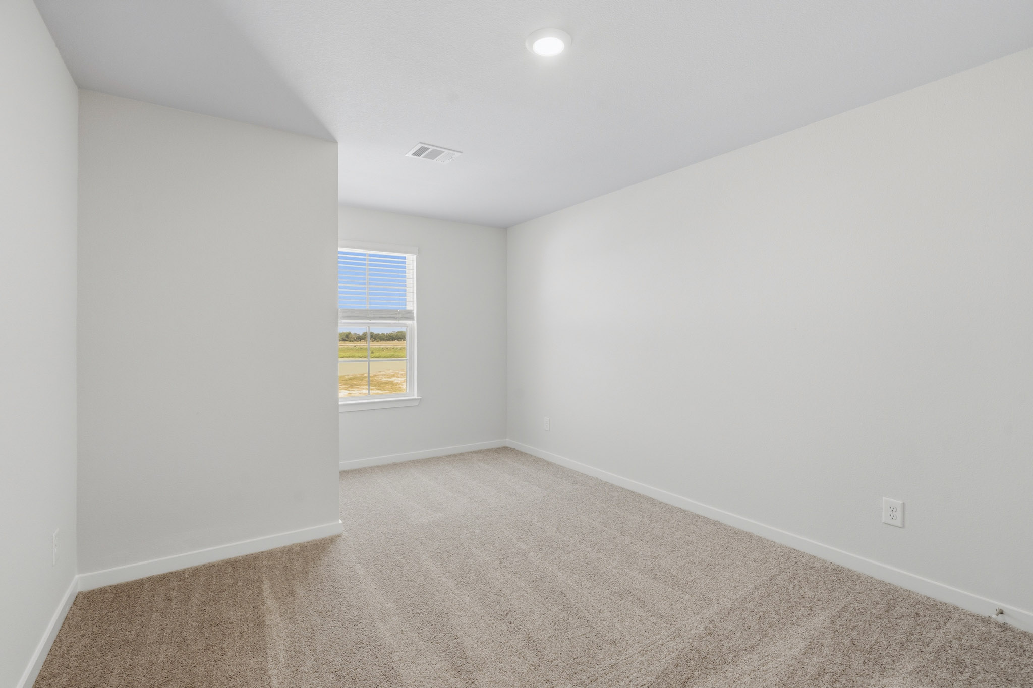 A room with a carpet and a window.