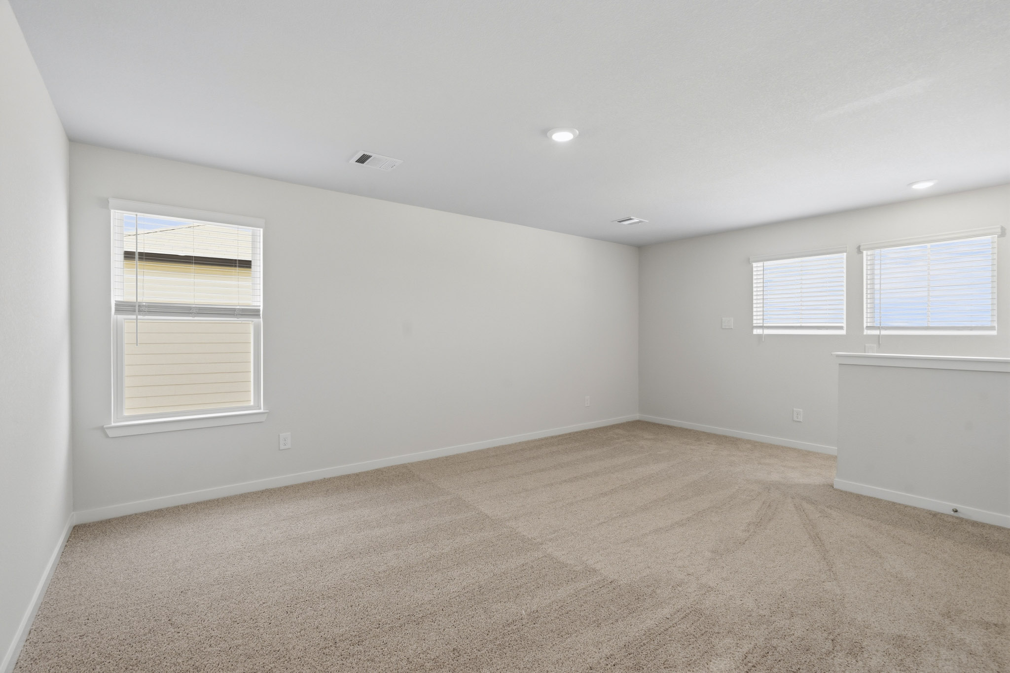 A room with a carpet and windows.
