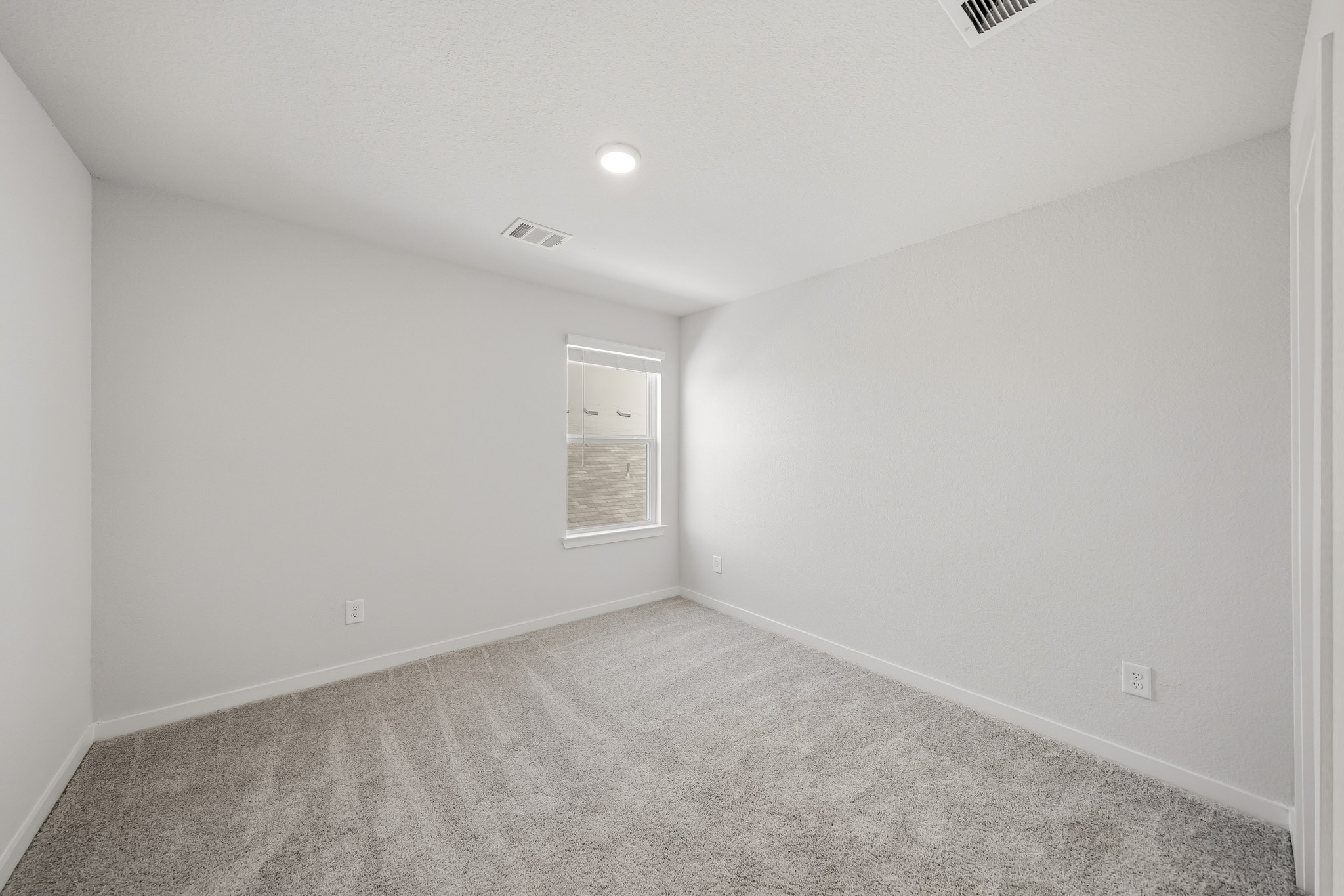 A room with a carpet and a door.