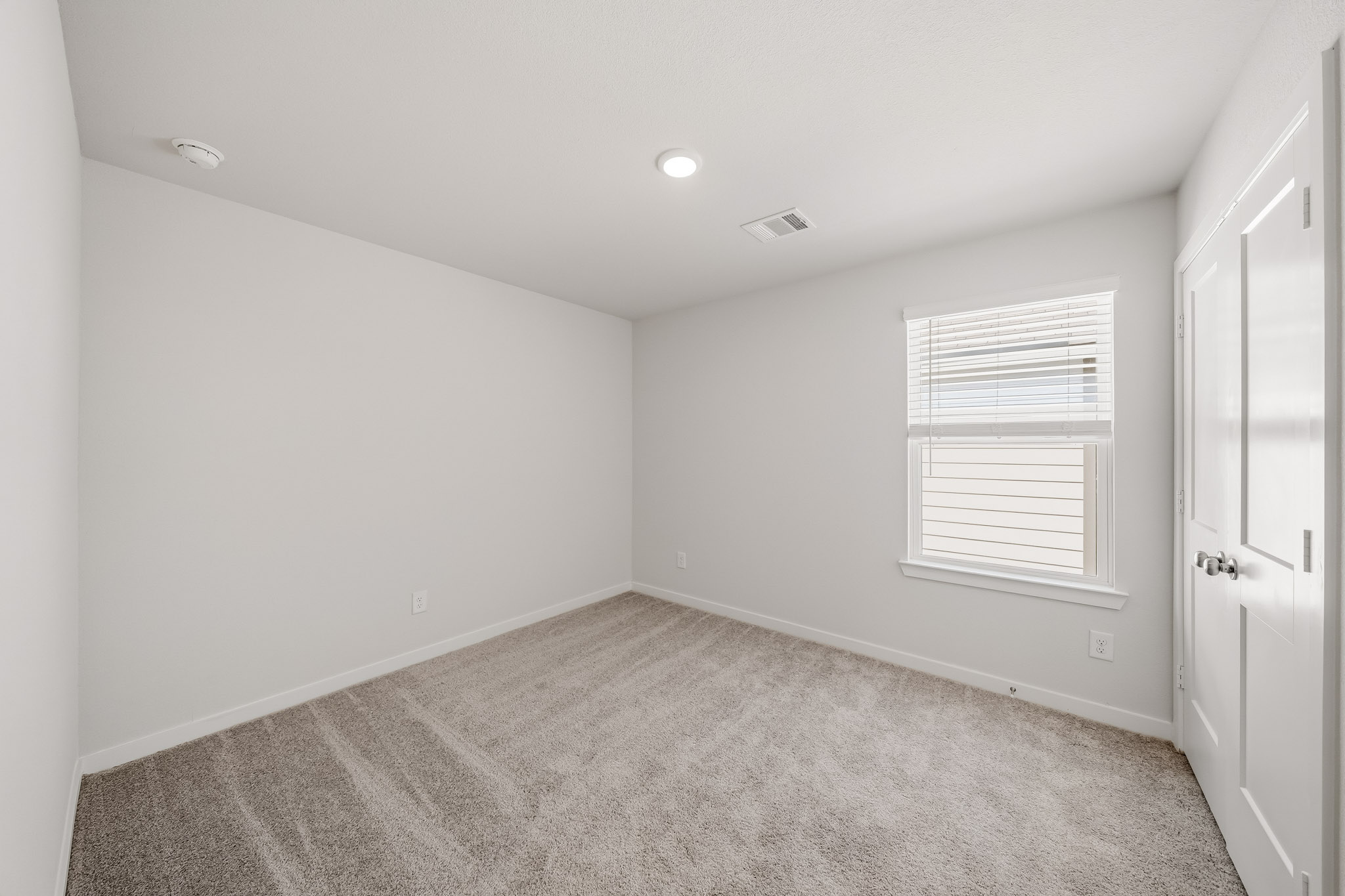 A room with a carpet and a door.