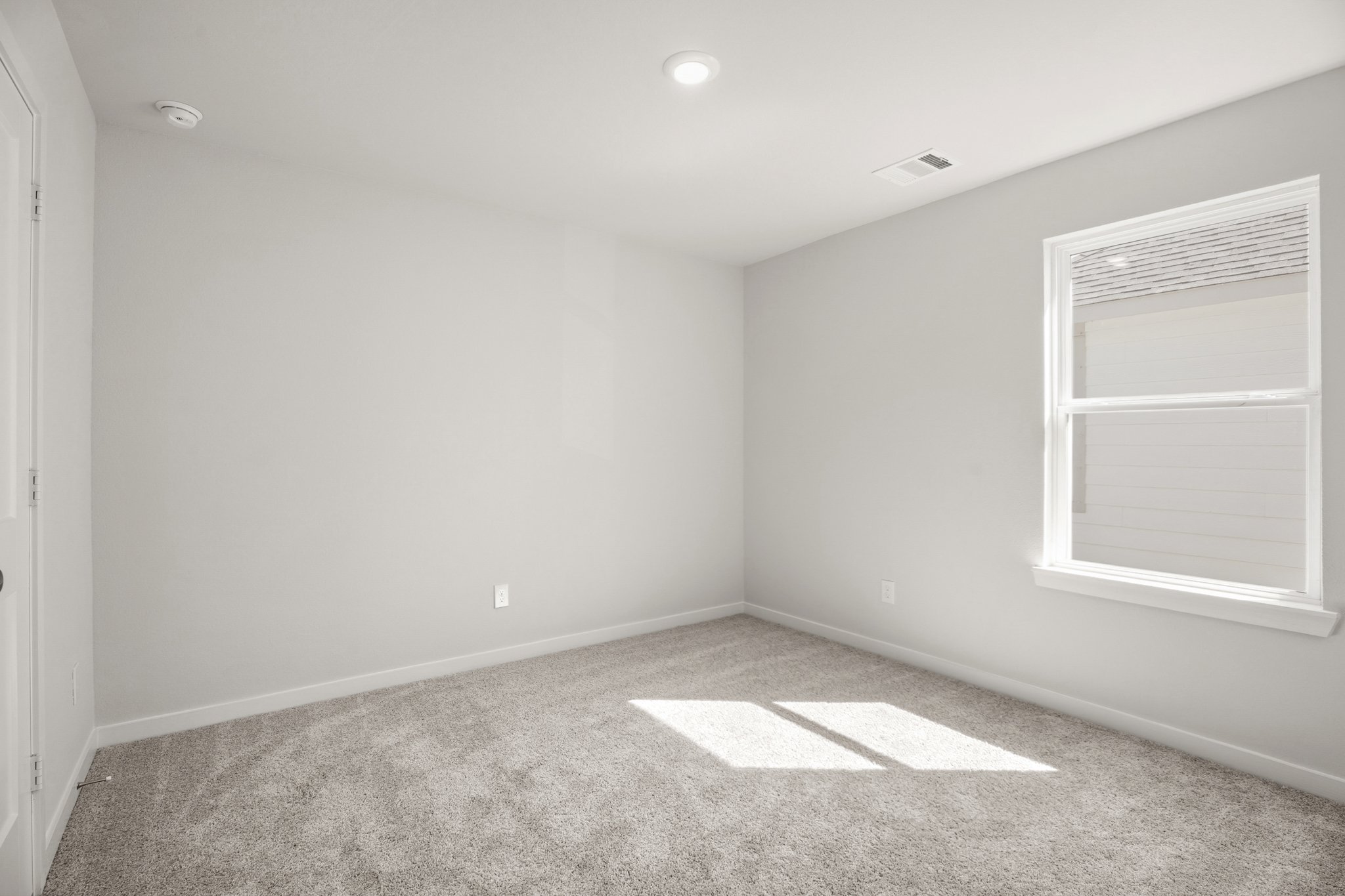 A room with a rug and a window.