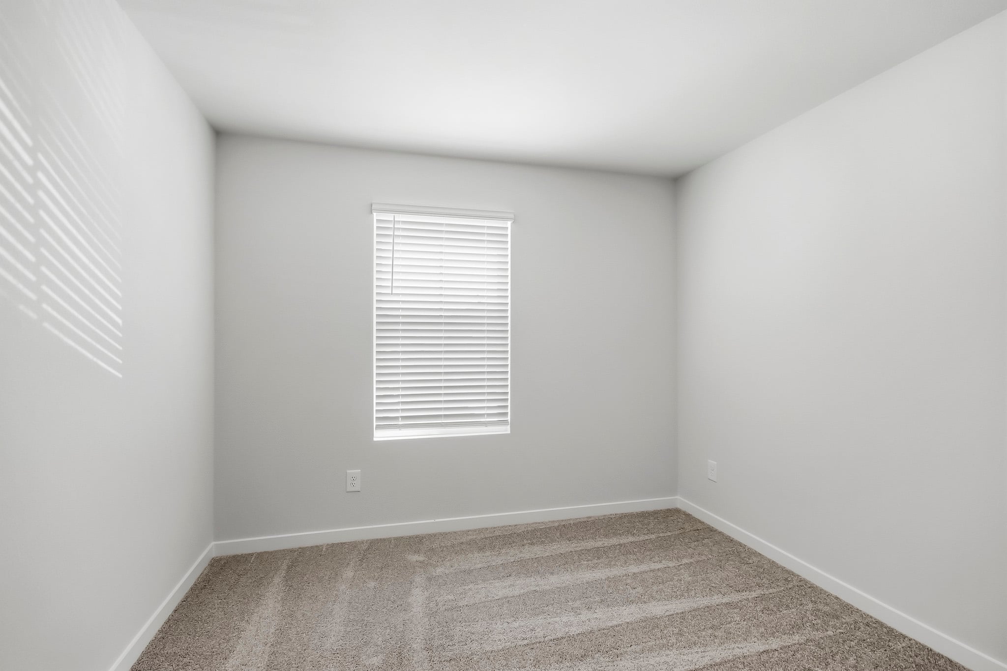 A room with a window and a rug.