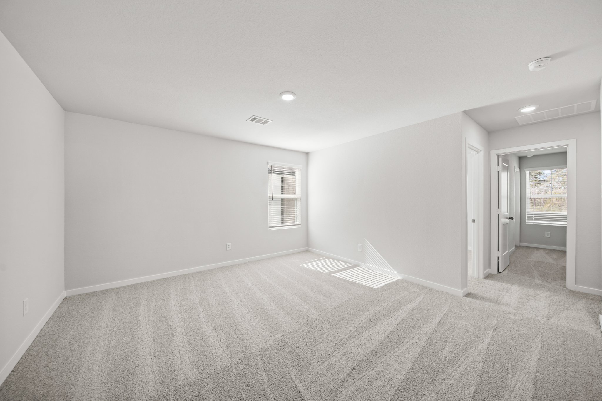 A room with a carpet and a door.