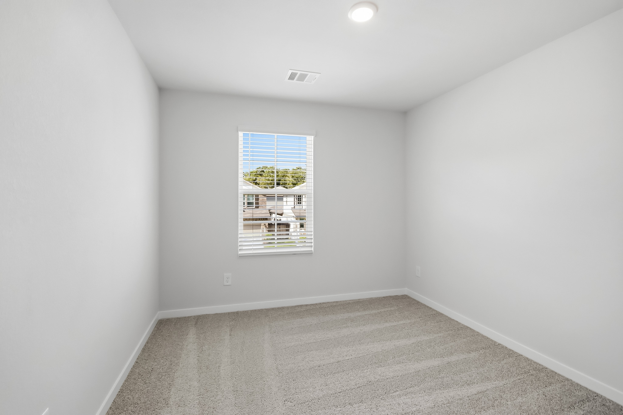 A room with a window and a rug.