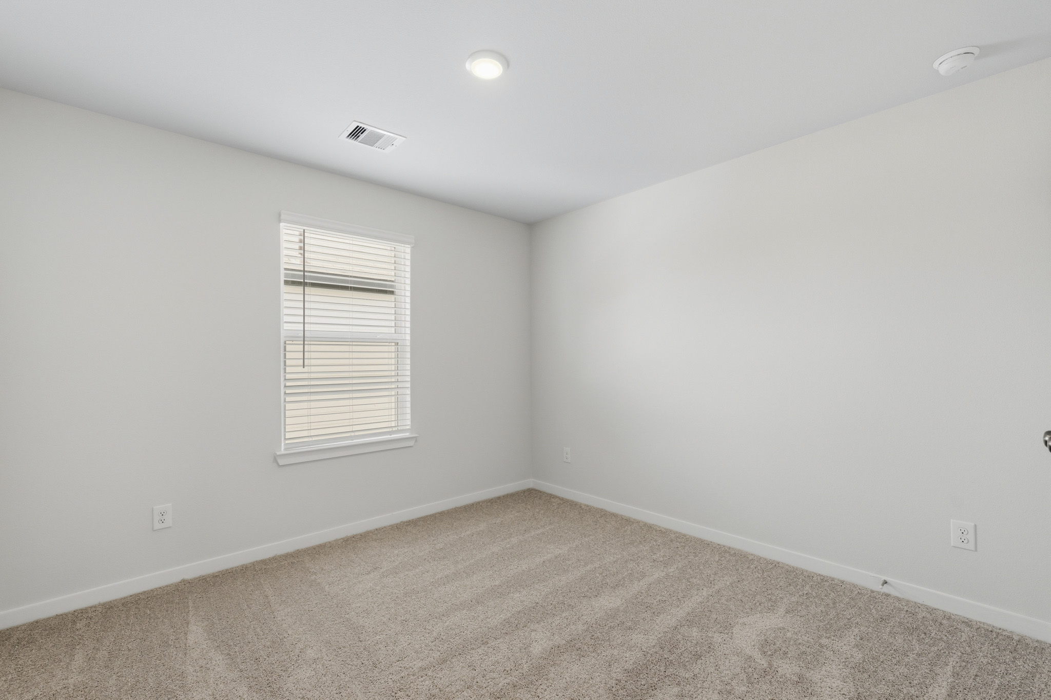 A room with a carpet and a window.