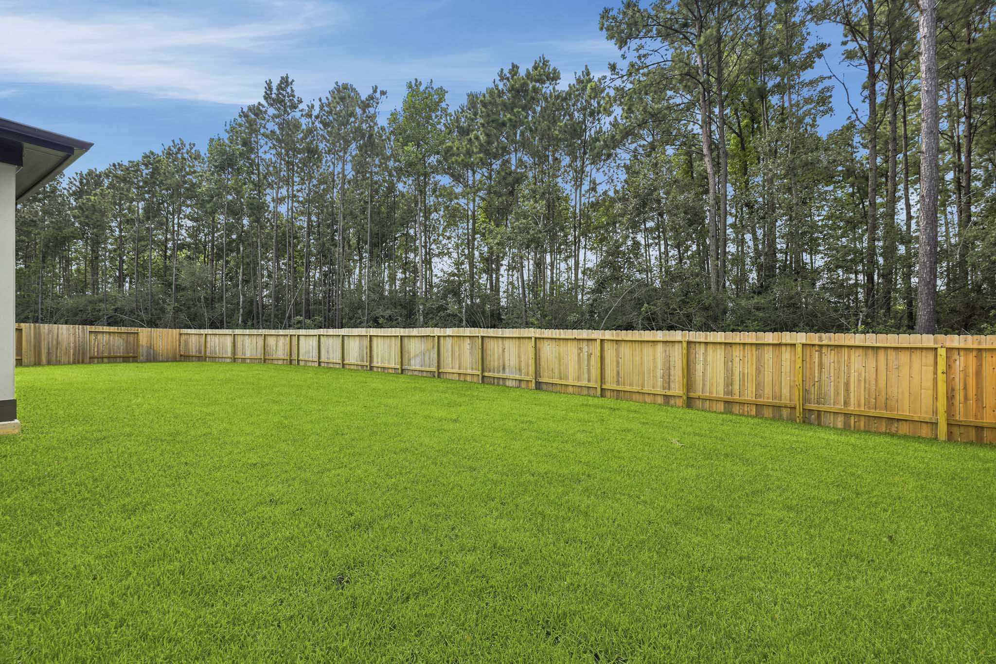 A fenced in yard with trees in the background.