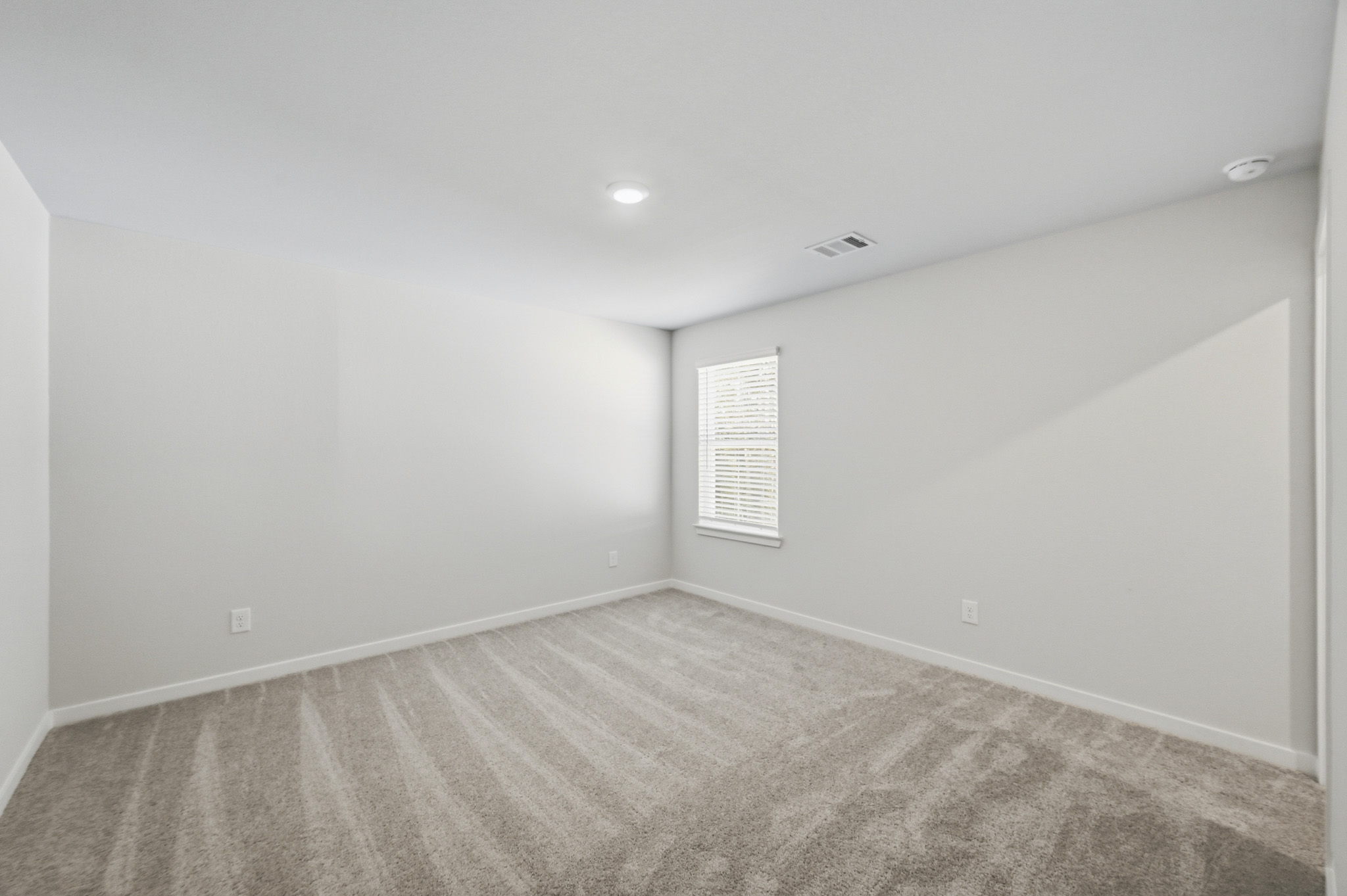 A room with a carpet and a window.