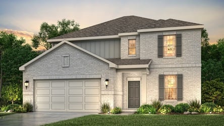 A grey house with a garage.