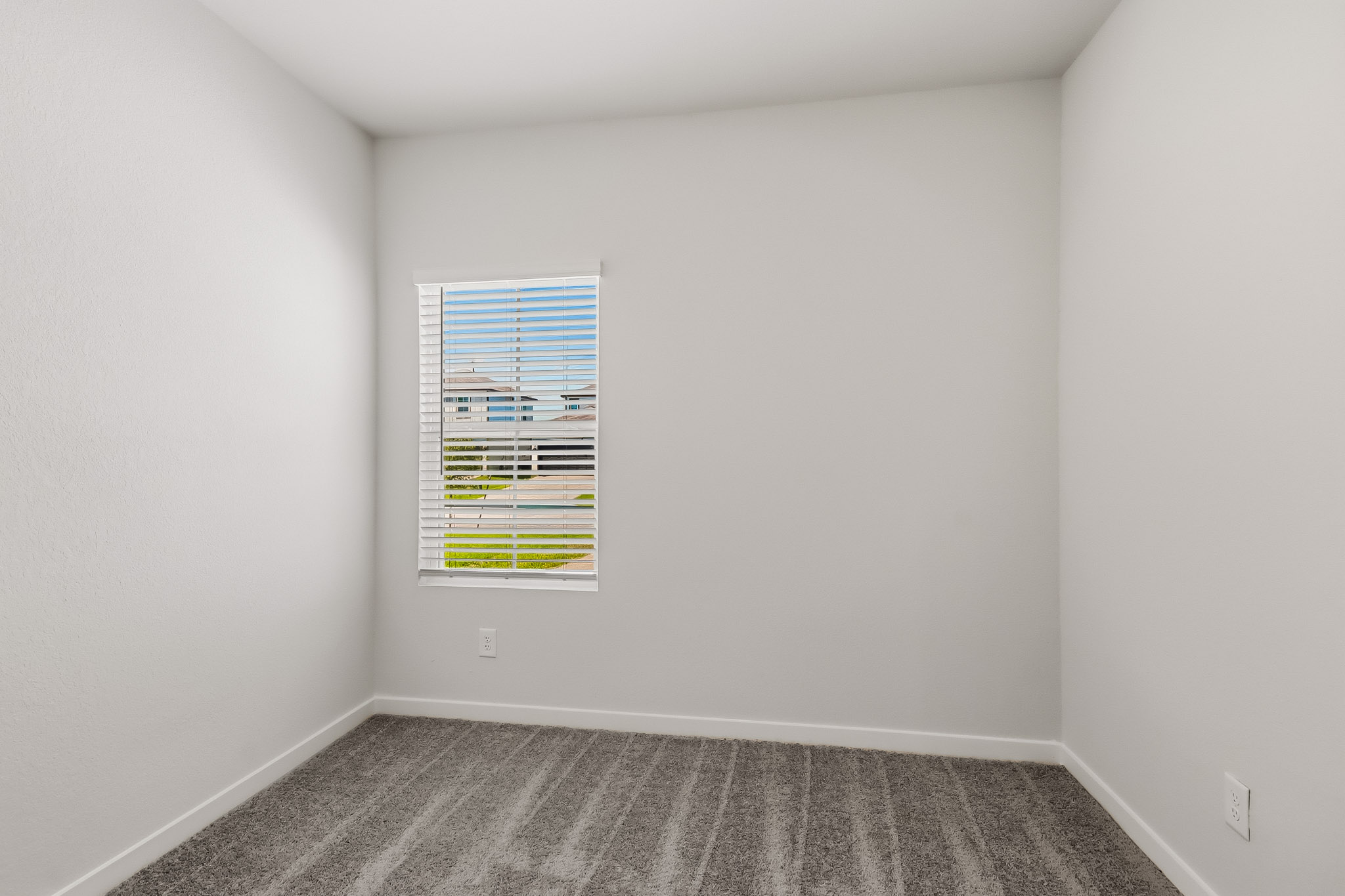A room with a window and a rug.