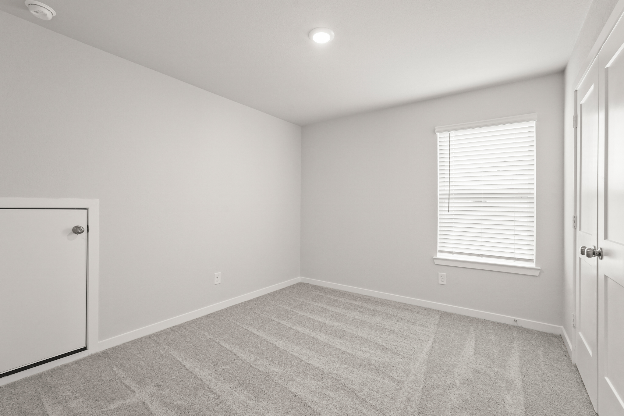 A room with a carpet and a door.