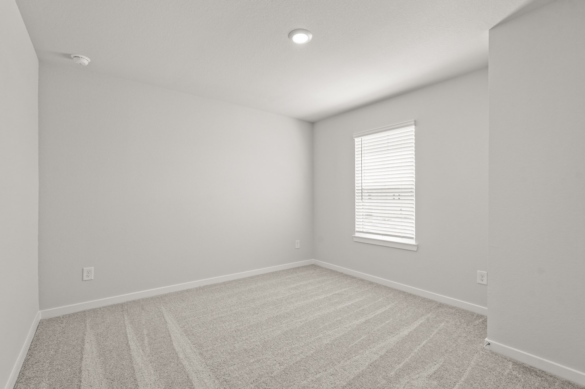 A room with a window and a rug.