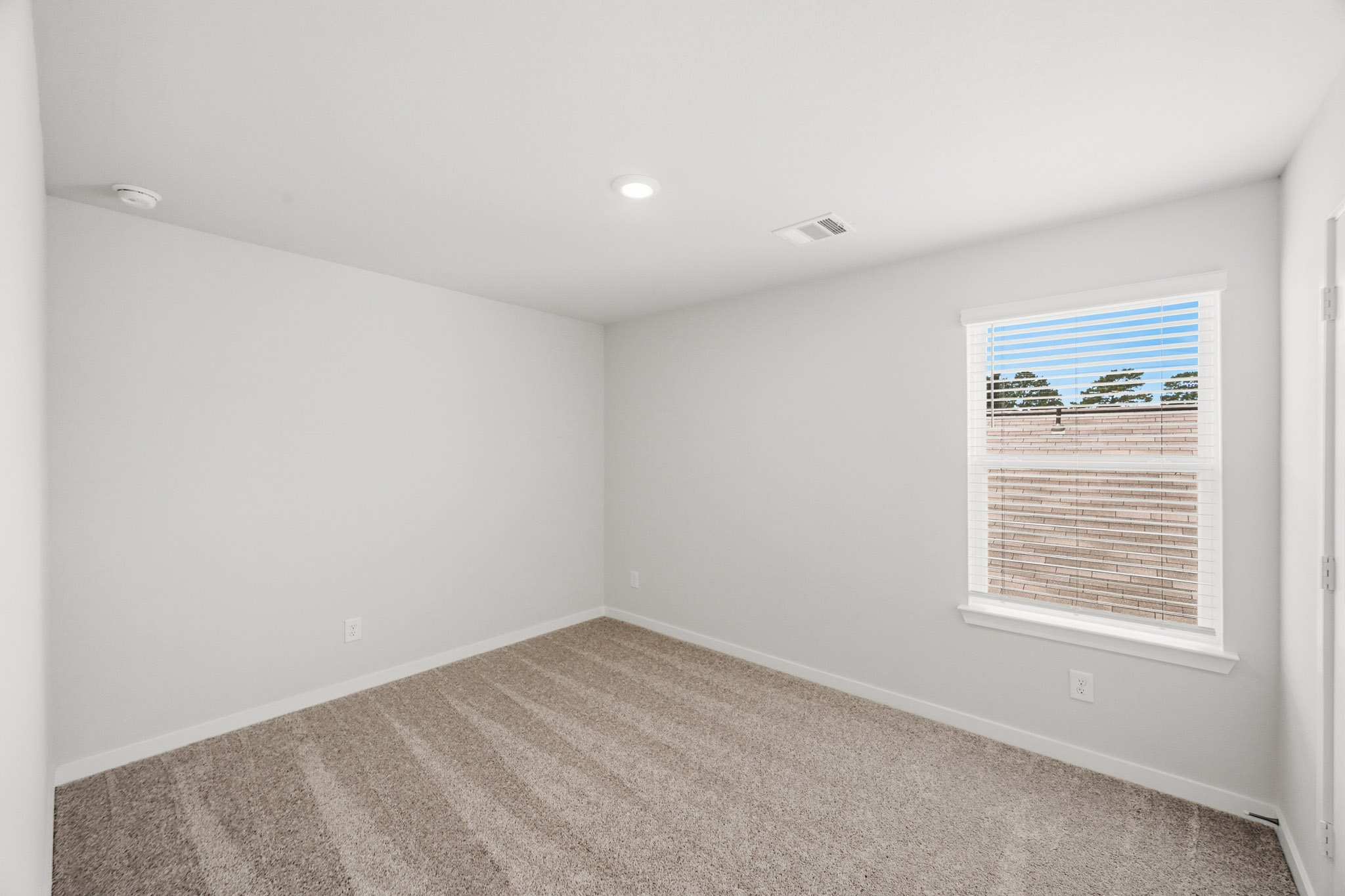 A room with a window and a rug.