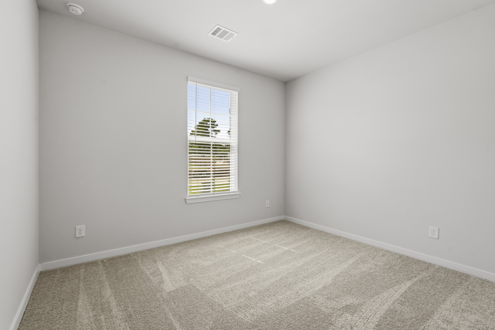 A room with a window and a carpet.