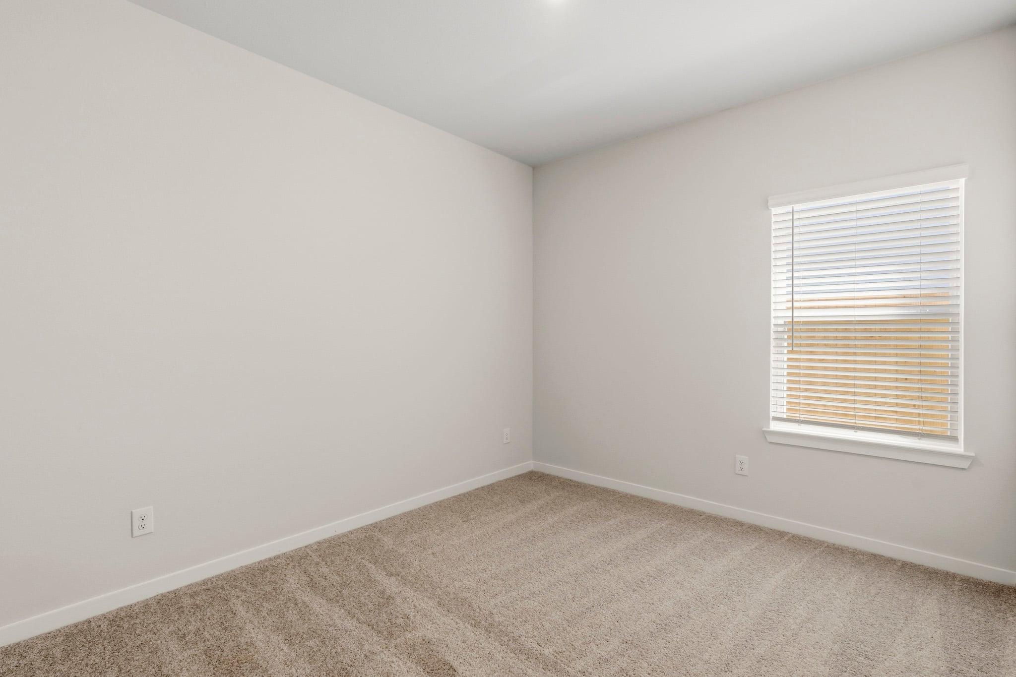 A room with a window and carpet.