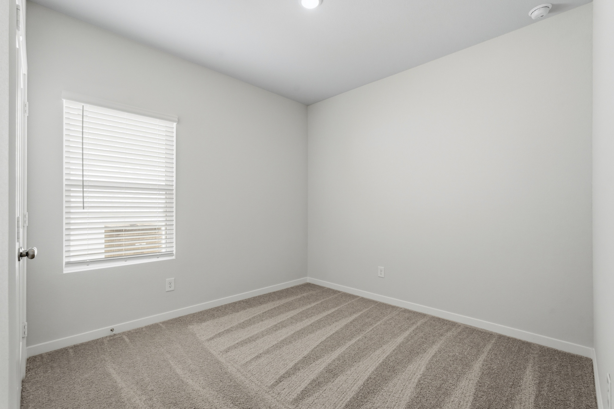 A room with a rug and a window.