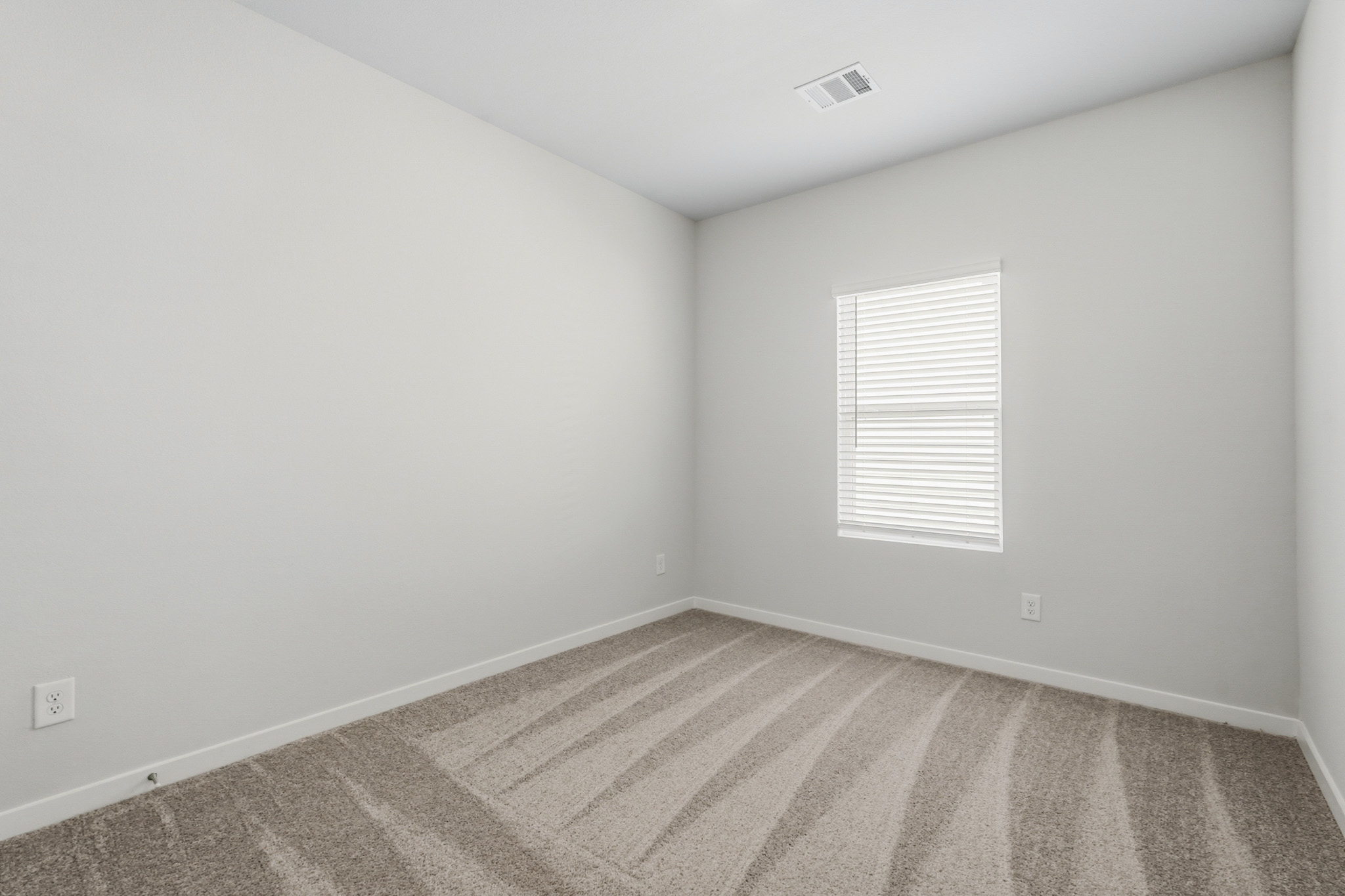 A room with a rug and a window.
