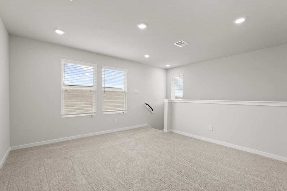 A room with a carpet and windows.