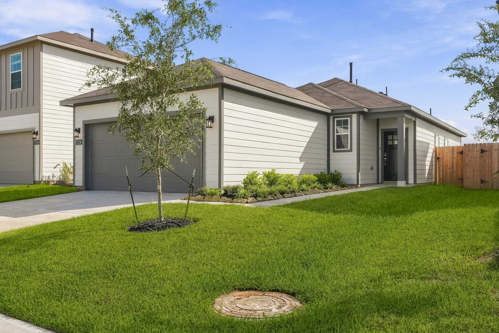 A house with a tree in the front yard.