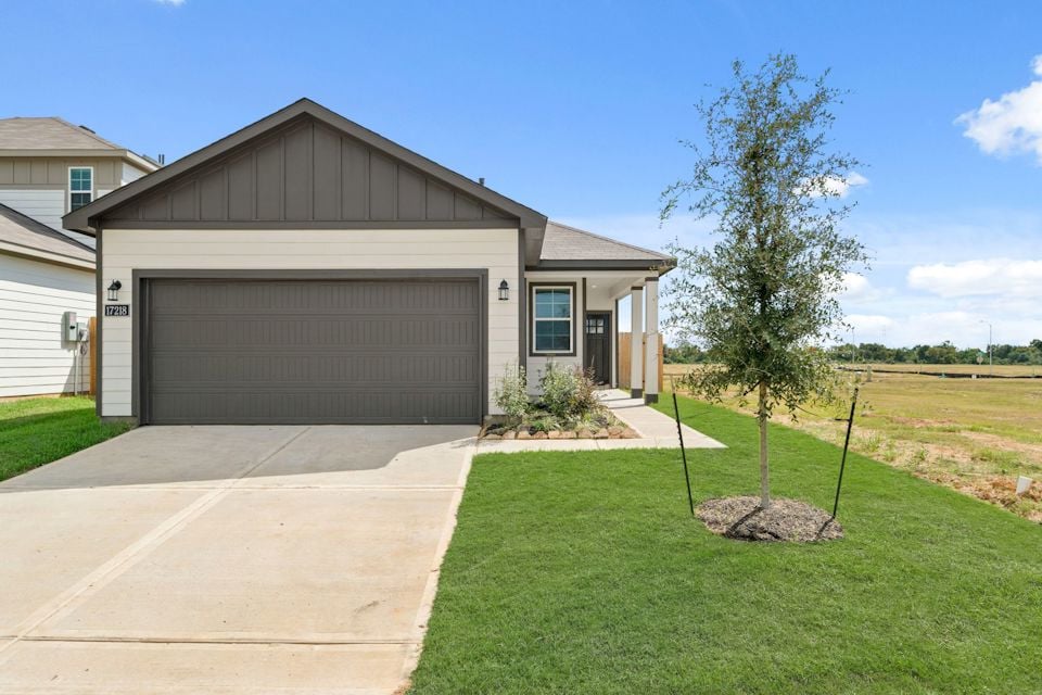 A house with a tree in the front yard.