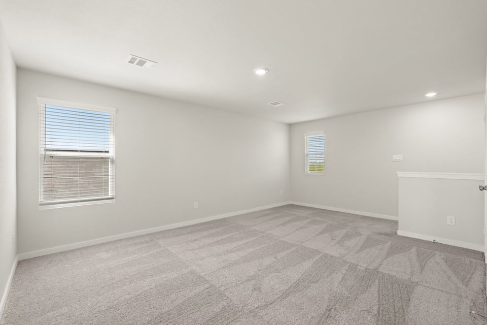 A room with a carpet and windows.