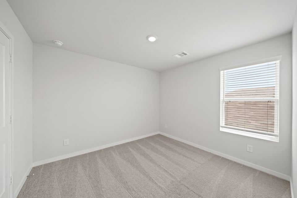 A room with a window and a rug.