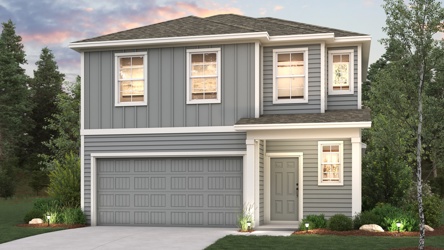 A grey house with a garage.