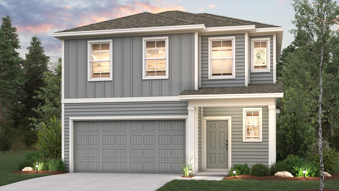 A grey house with a garage.