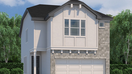A grey house with a garage.