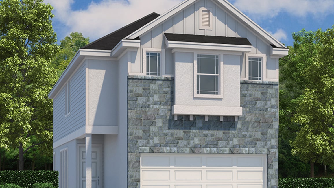 A grey house with a white garage.