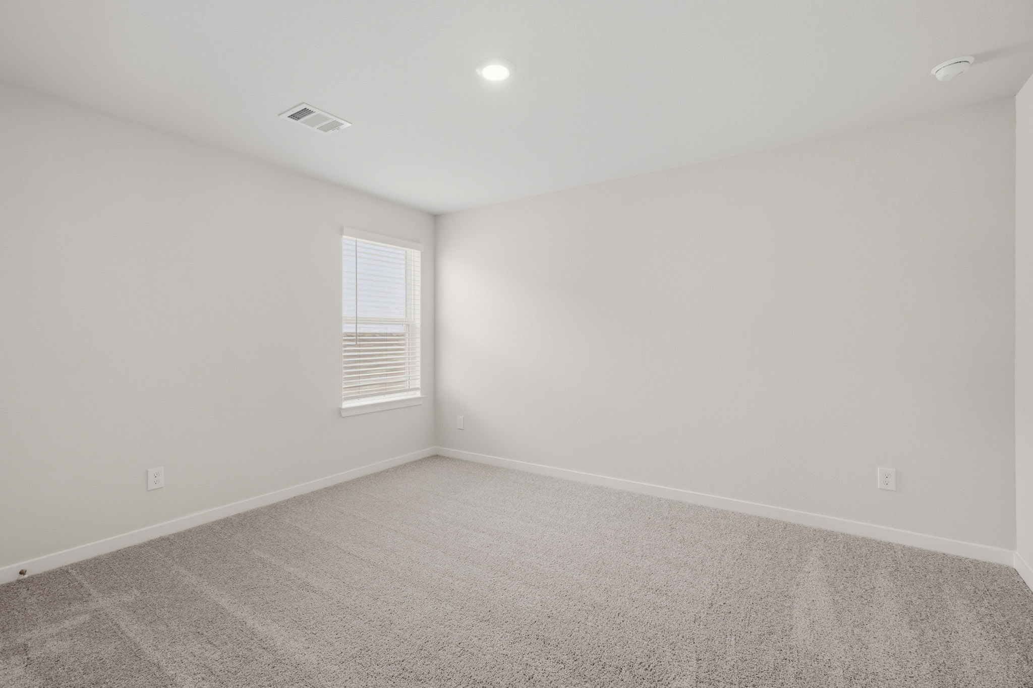 A room with a carpet and a window.