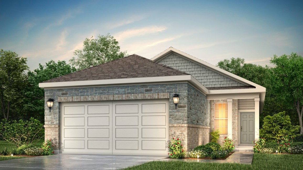 A house with garages and trees.