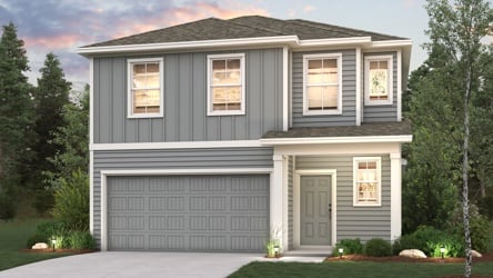 A grey house with a garage.