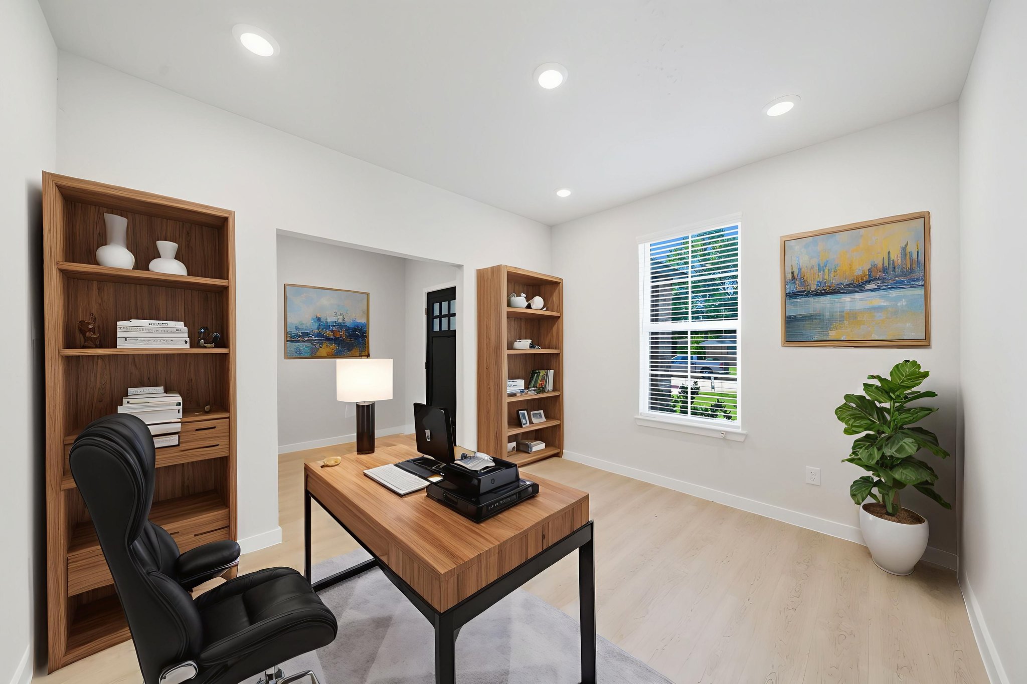 A room with a desk and a chair.