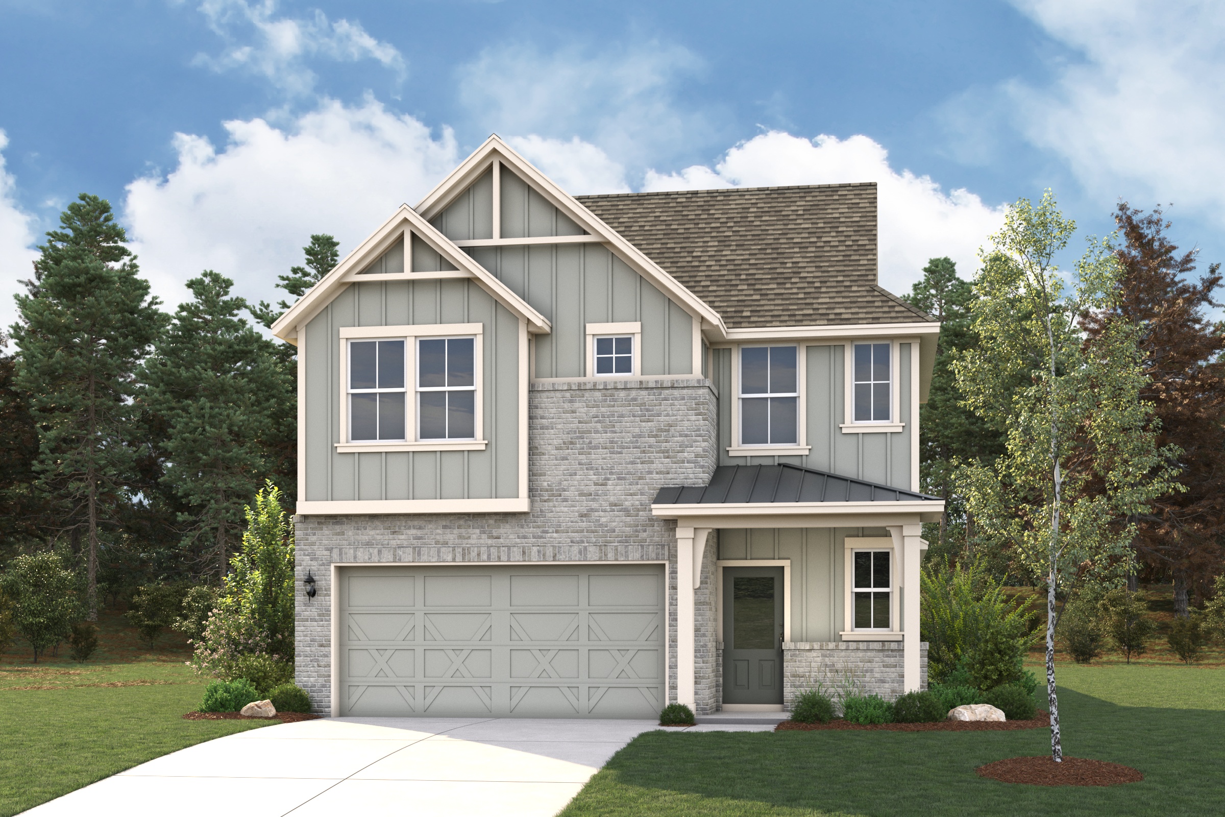 A house with a garage and trees.