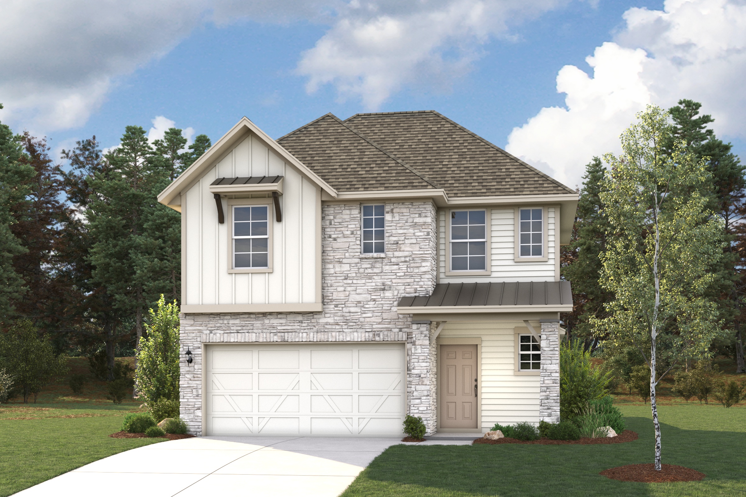 A house with a garage and trees.