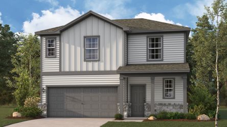 A grey house with a garage.