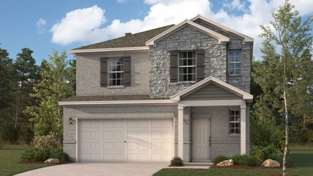 A grey house with a garage.