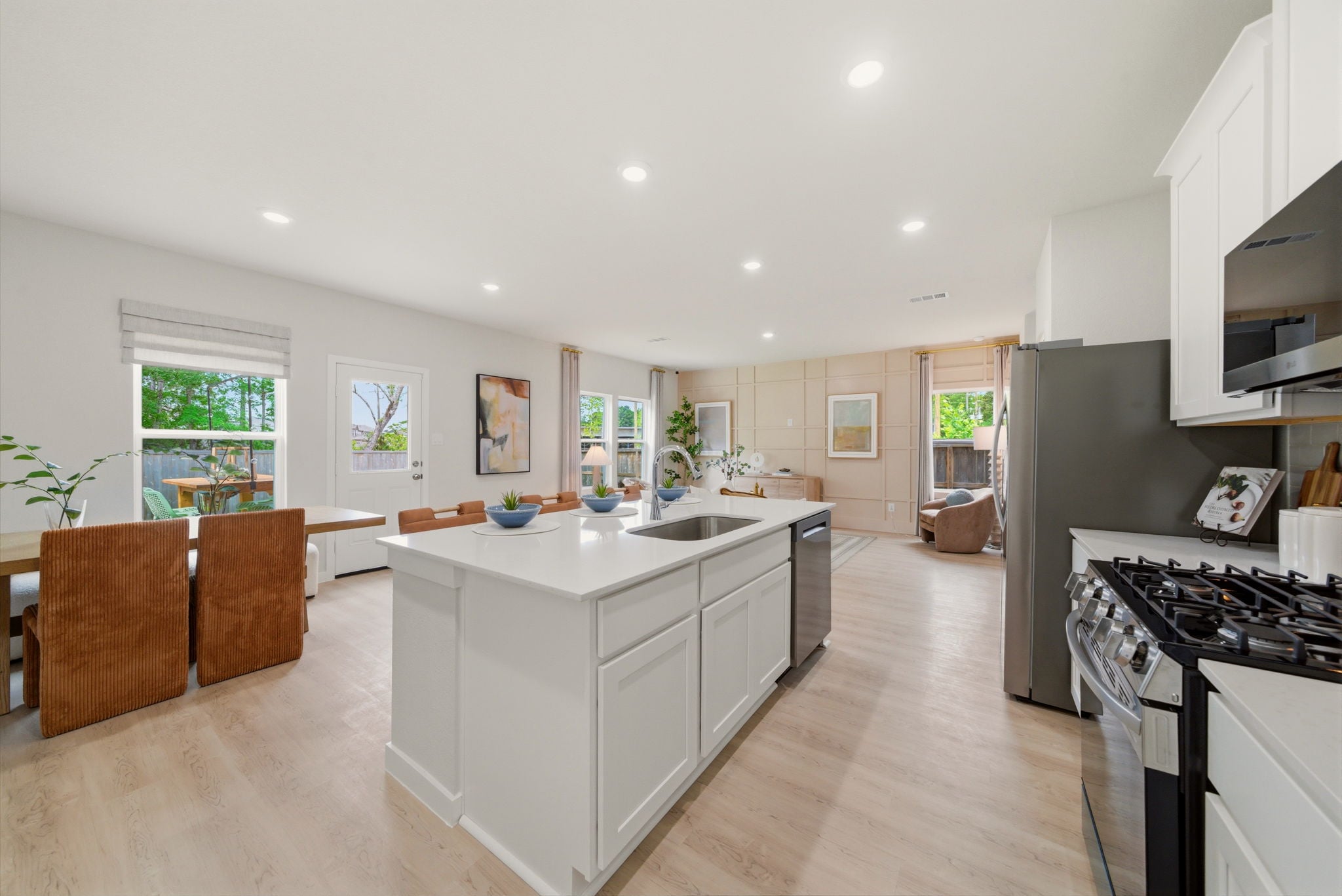 A kitchen with a large island.