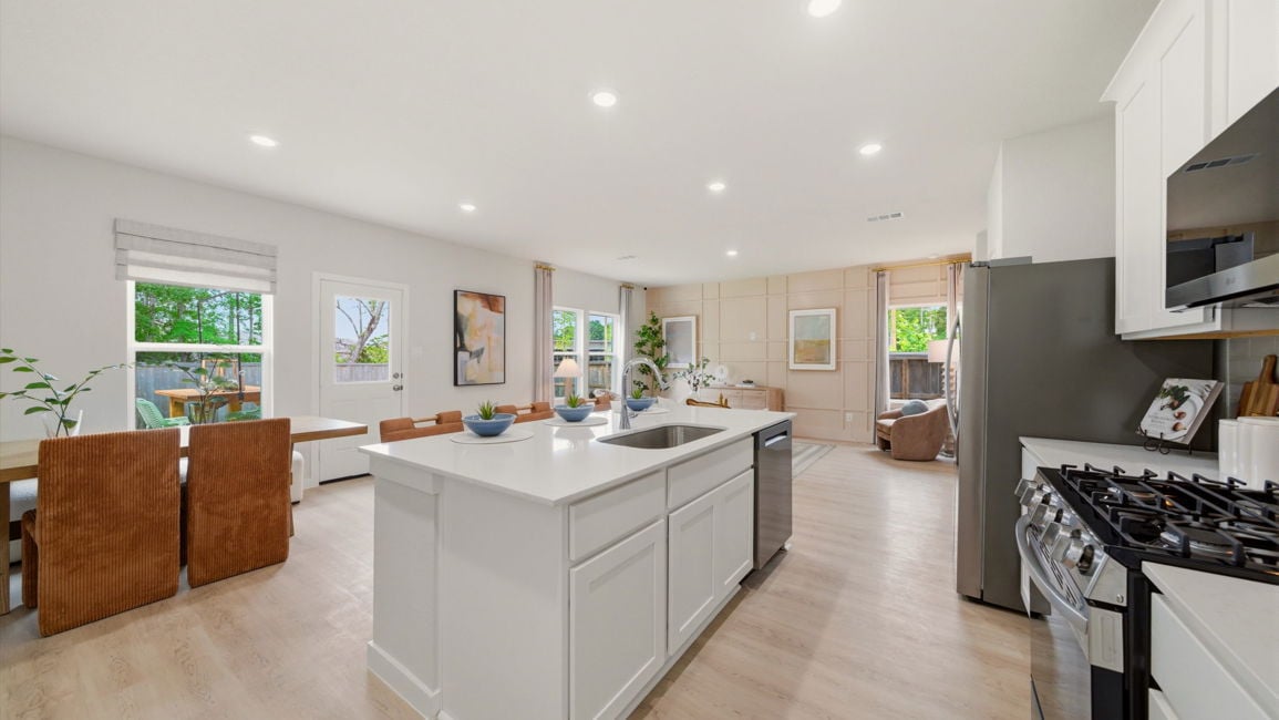 A kitchen with a large island.