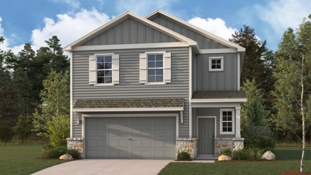 A grey house with a garage.