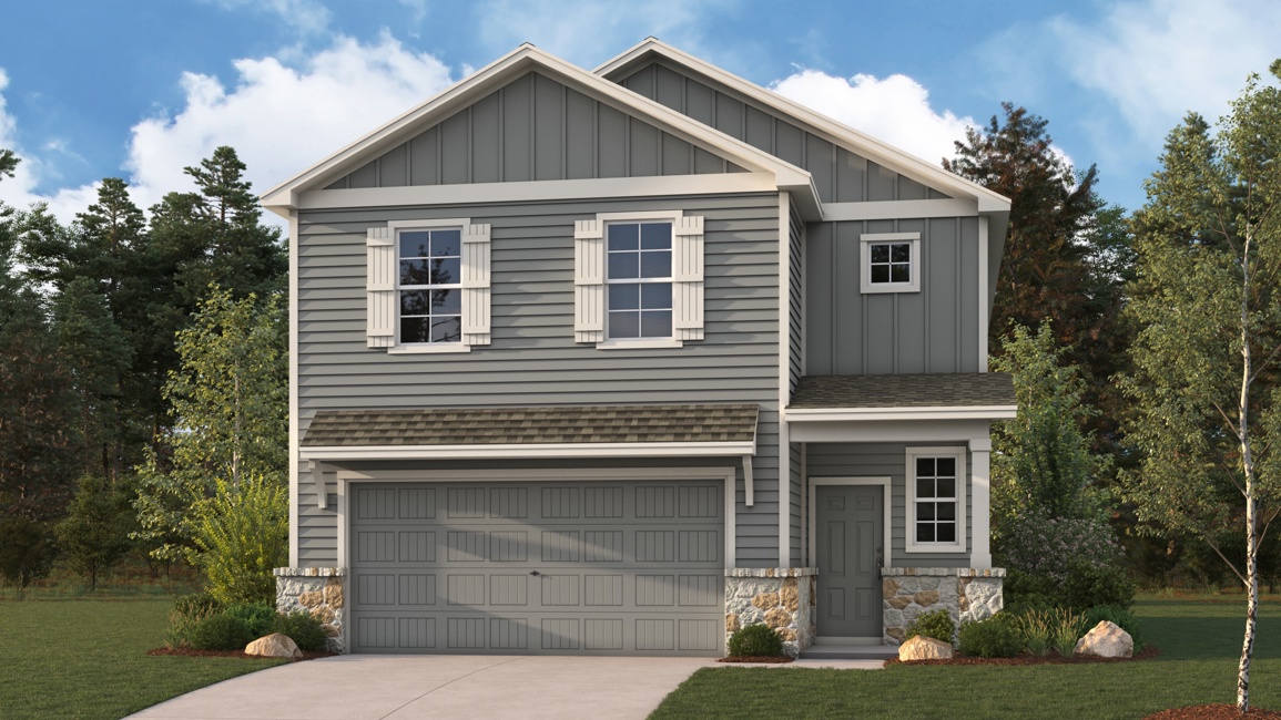 A grey house with a garage.