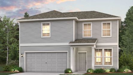 A grey house with a garage.