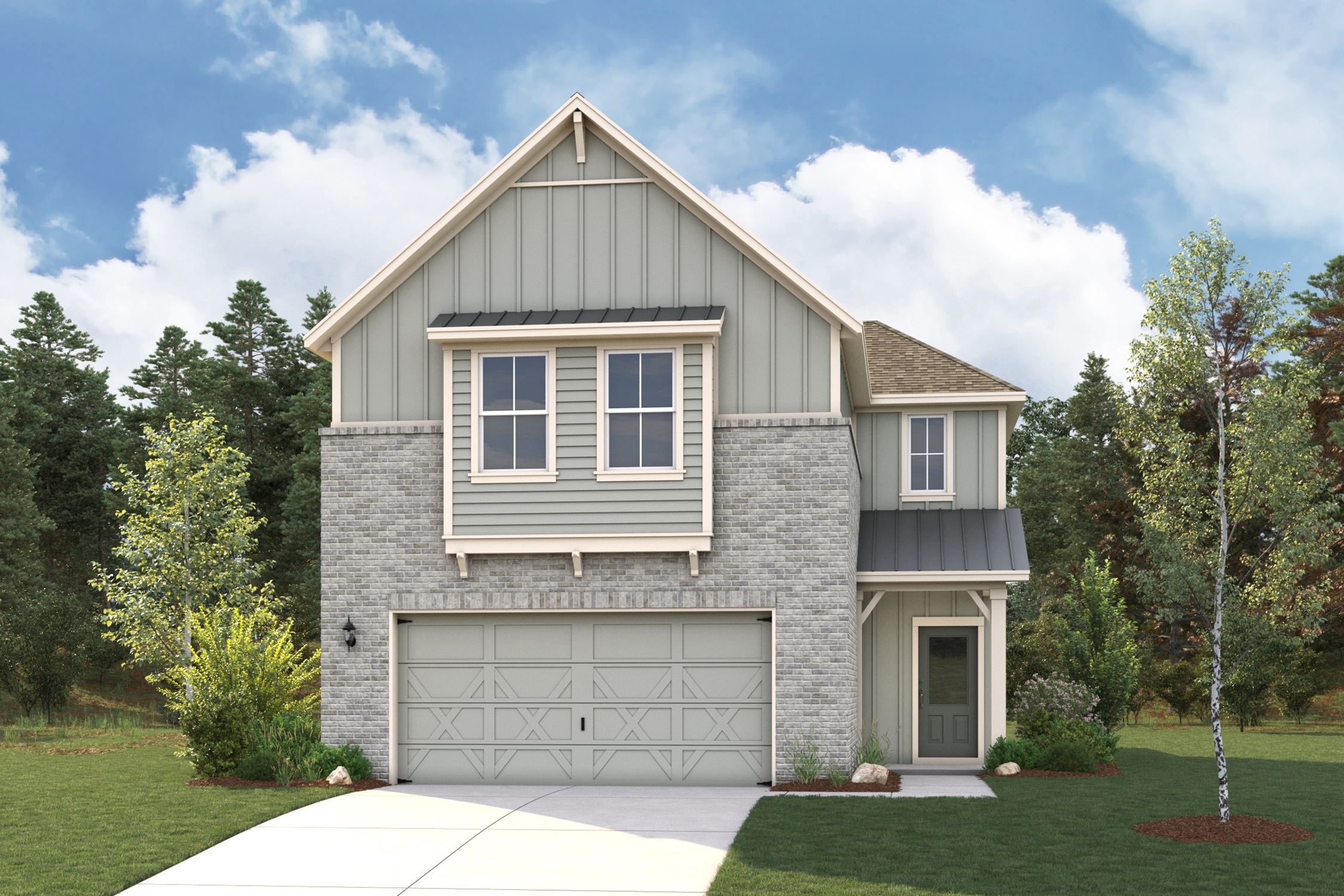 A house with a garage and trees.