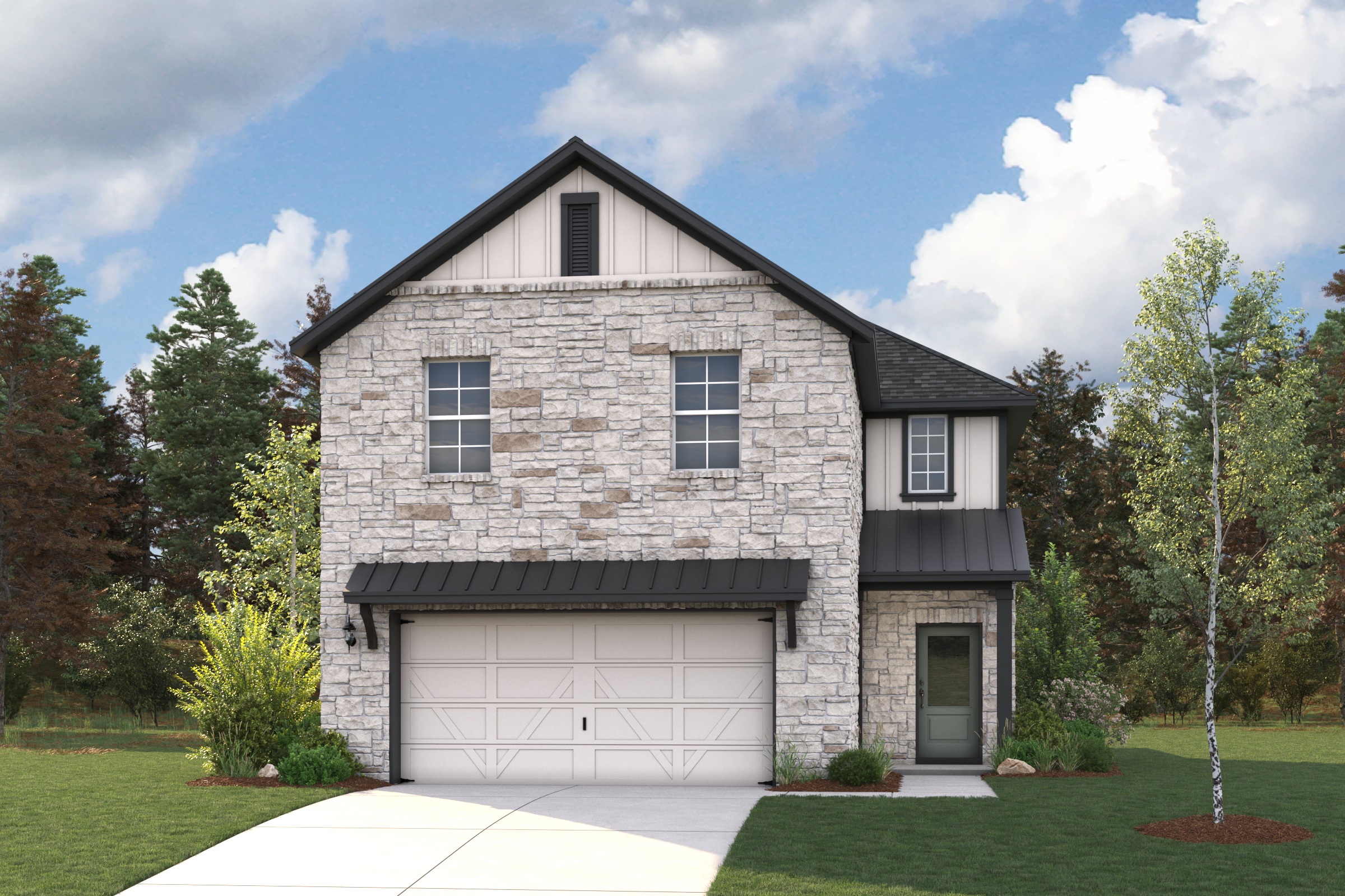A house with a garage and trees around it.