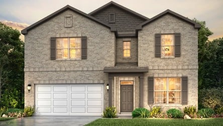 A house with a garage and a pond in front of it.