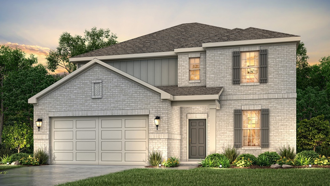 A grey house with a garage.