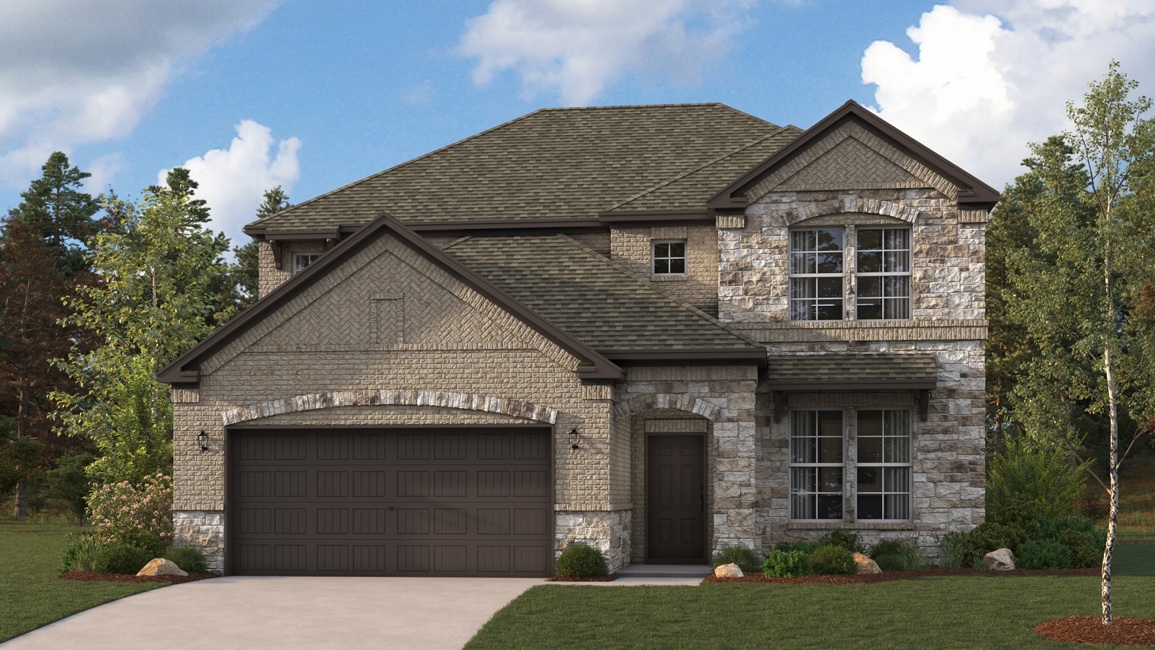 A stone house with a garage.