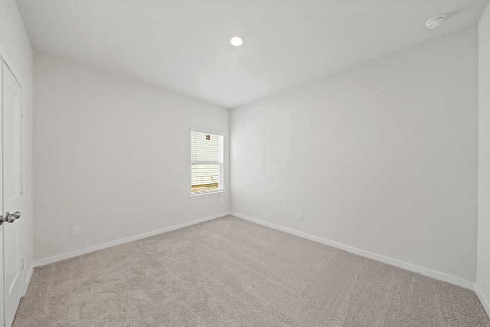 A room with a carpet and a door.